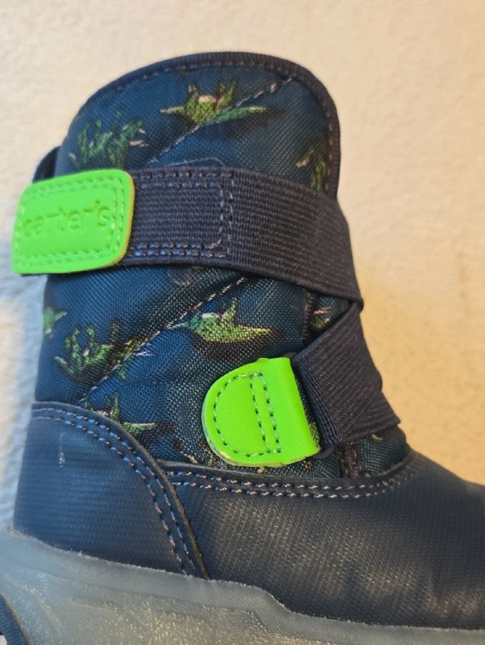 Carter's Navy Boots with Bright Green Dino Accents